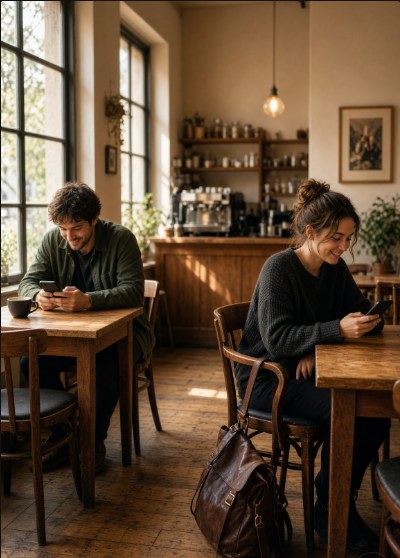 Two strangers in a café, each smiling at a match notification