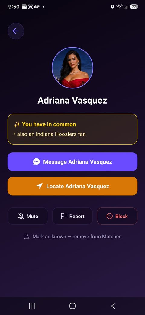 Match profile with Message and Locate buttons