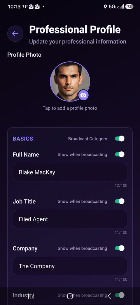 Professional Profile editing screen